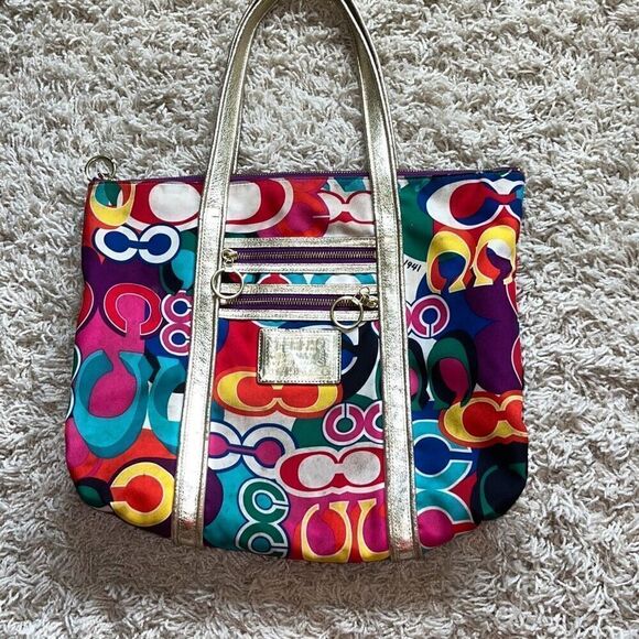 Coach Poppy Pop C Spotlight Tote Shoulder Bag Gold Multi Colored Bright - Picture 1 of 16
